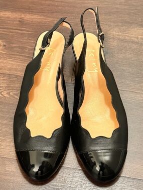 French Sole NY Black Scallop Slingback Cap-Toe Flats